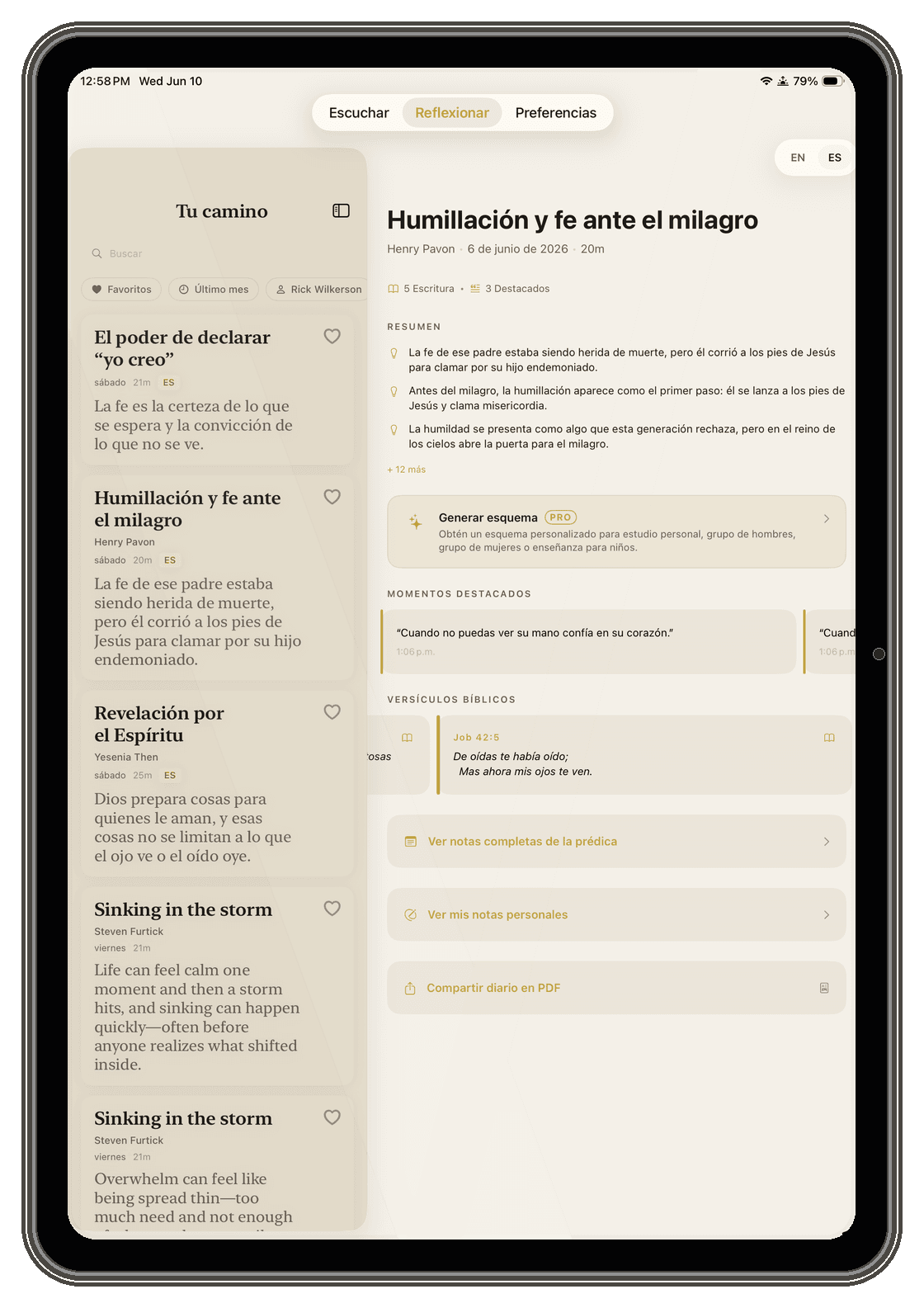 iPad mostrando la vista Reflexionar: la biblioteca de sermones junto a un diario completo con resumen, momentos destacados y versículos