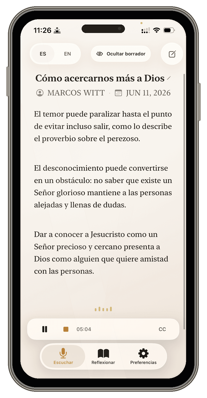 iPhone mostrando una sesión de PreachPal en vivo con subtítulos, una tarjeta de versículo bíblico y reflexiones